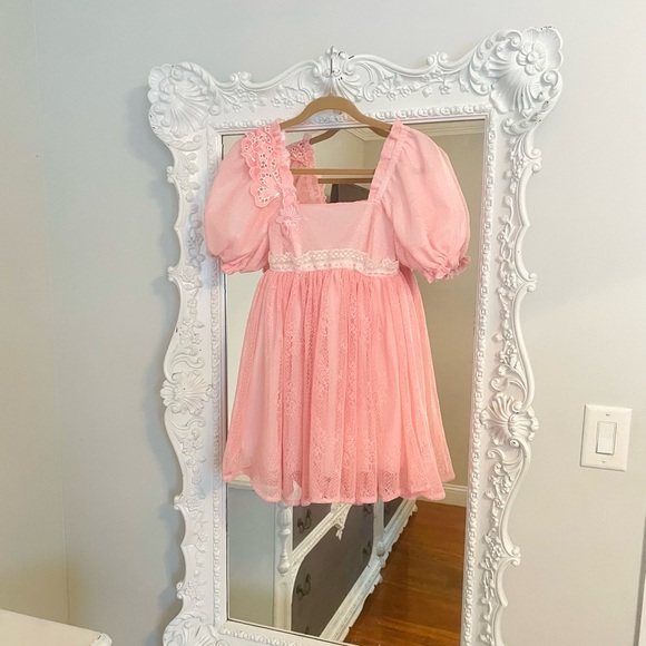 SALE New York Couture Vintage Pink Lace Cottagecore Puff Sleeve Dress - Picture 4 of 6
